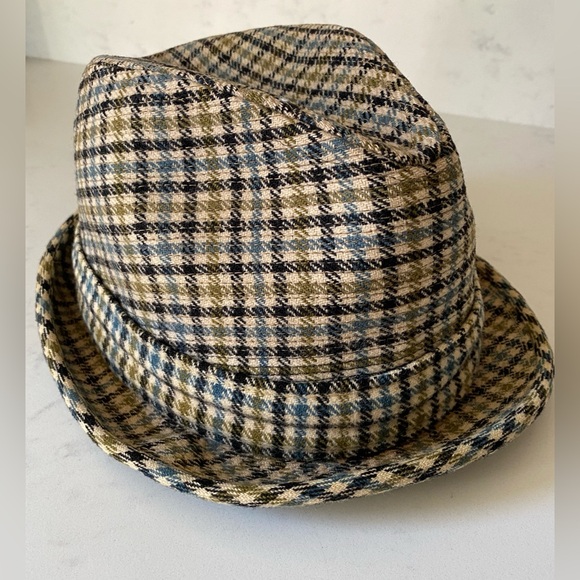 Vintage Snap-Back Crushable Wool Plaid Brown Blue Houndstooth Fedora Hat 7 1/8 - Picture 2 of 10